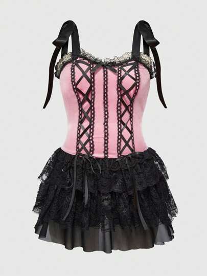 Kawaii Gothic Retro Regal Style Color Blocking Lace Trim Cross Strap Velvet Plus Size Slip Dress For Women