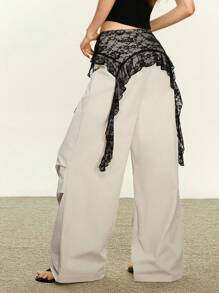 Rina Fox 女士蕾丝撞色褶皱阔腿宽松休闲裤 - 杏色 - 查看 2