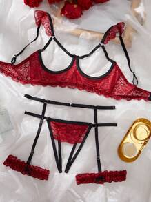 SHEIN 3件套性感蕾丝镂空内衣套装