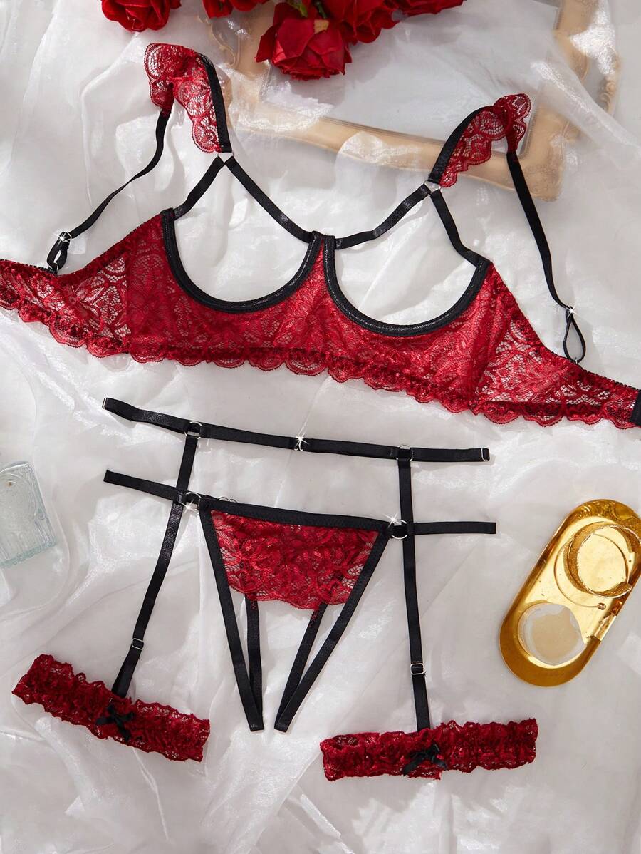 SHEIN 3件套性感蕾丝镂空内衣套装