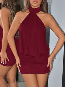 SHEIN ICON Solid Color Halter Backless Ruffle Bodycon Mini Dress Short Red Dress Dark Red Dress Red Wine Dress Burgundy Dress - Burgundy - View 5