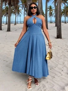Slaydiva Women Plus Size Dark Blue Denim Dress,Hollow-Out Fitted Casual Summer Vacation Beach Holiday Sundress,Boho Long Autumn Wedding Guest Formal Dresses - Blue - View 5