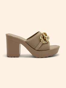 CUCCOO BASICS Women's Round Toe Thick Sole Metal Chain Apricot Knitted Material Comfortable Slip-On Sandals, Peep-Toe High Heel Mule Sandals