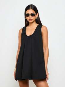 AiiRZ 迷你连衣裙 A 字形宽松秋千夏季太阳裙无袖圆领褶皱飘逸娃娃裙婚礼宾客度假派对