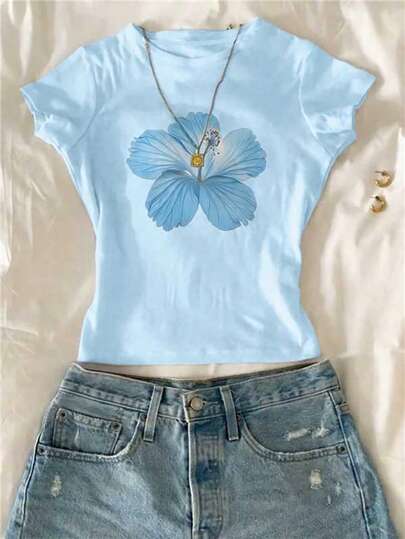 Tween Girl Floral Print Round Neck Short Sleeve Casual T-Shirt, Summer Young Girl Summer Tops  Women Summer Outfits Outfit For Girls