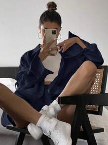 Livesso 2pcs Women Casual Solid Color Loose Fit Long Sleeve Shirt & Shorts Set, Spring/Summer,Fall Clothes Lounge Sets For Women - Navy Blue - View 3