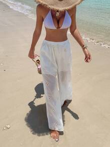 DAZY 镂空刺绣休闲宽松阔腿裤 - 杏色 - 查看 6