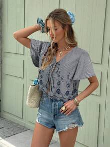 SHEIN Frenchy 女士度假休闲格子花卉刺绣衬衫