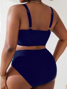 Slaydiva 2pcs Plus Size Women Black & Blush Splice Ruched Tankini Swimsuit Set, Suitable For Beach & Holiday For Summer Beach Vacation