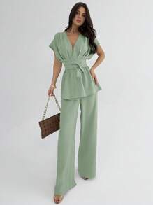 Firerie Bộ trang phục công sở mới thanh lịch & đơn giản, cổ chữ V cài nút, eo cánh dơi & quần ống rộng lưng cao, phong cách cổ điển - Màu xanh Bạc hà - Xem 1