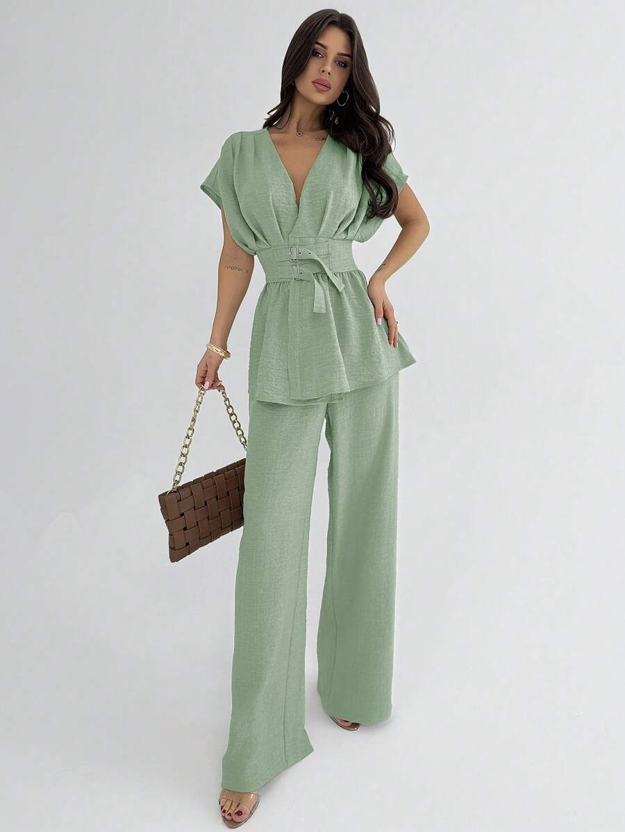 Firerie Bộ trang phục công sở mới thanh lịch & đơn giản, cổ chữ V cài nút, eo cánh dơi & quần ống rộng lưng cao, phong cách cổ điển - Màu xanh Bạc hà - Xem 1