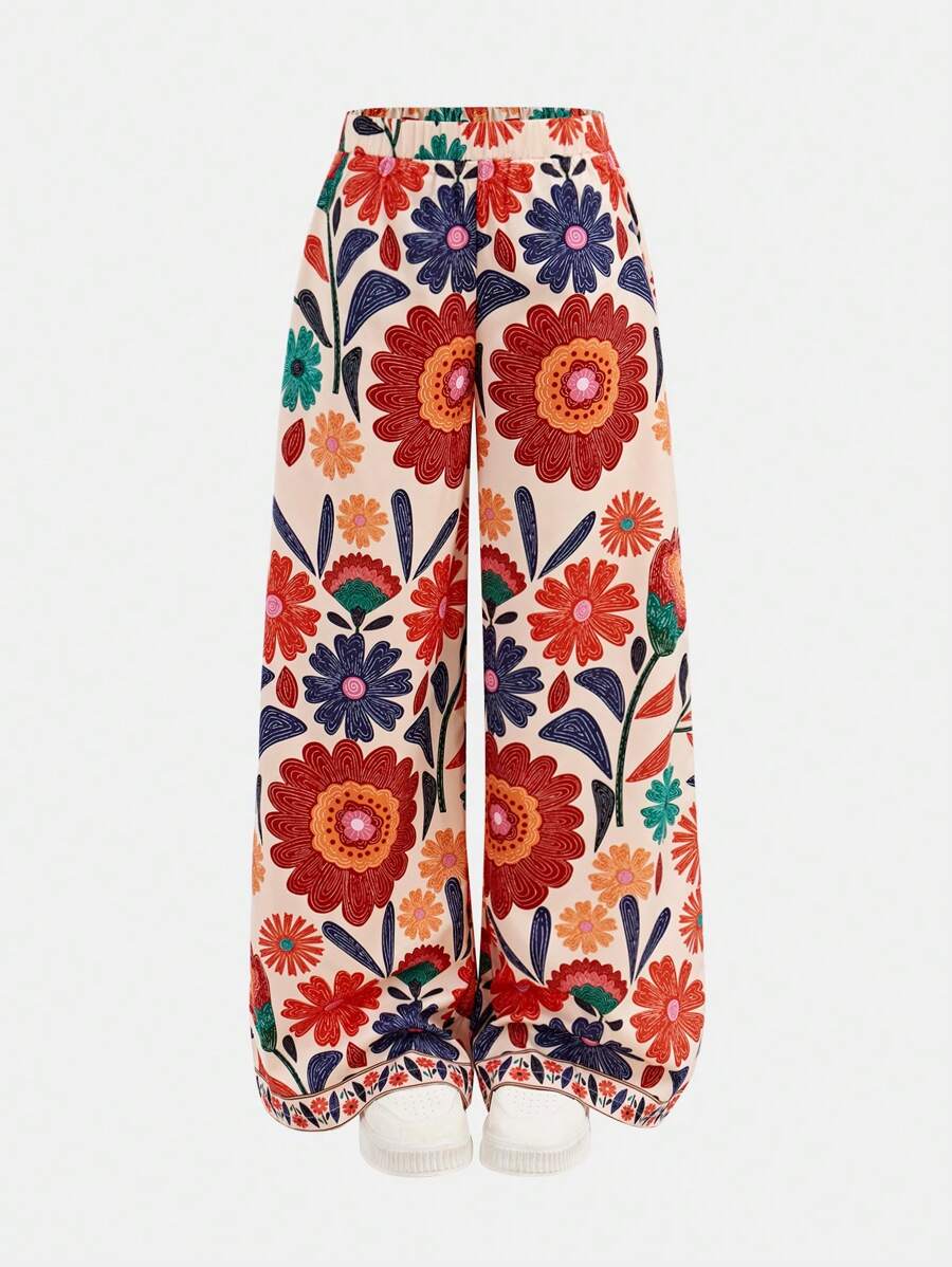 SHEIN Girlism Tween Girls' Casual Comfortable Mid-Waist Pattern Long Pants Fall Winter - Multicolor - View 1