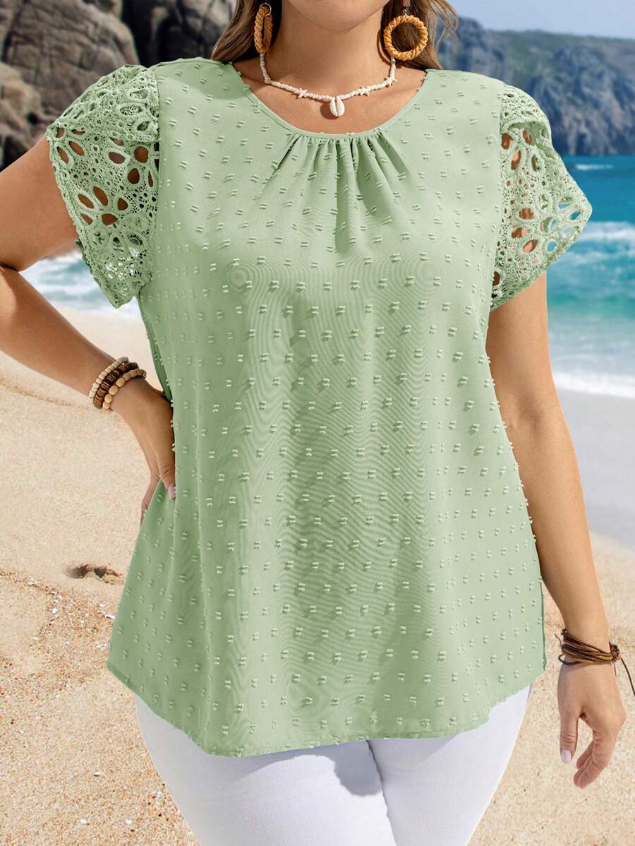 EMERY ROSE Plus Size Women Round Neck Short Sleeve Casual Blouse Summer Tropical Vacation Modest Top For Beach - Mint Green - View 1