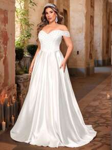 Glamrae 加大码优雅浪漫深 V 领修身鱼尾婚纱，采用串珠网布和 A 字形细节设计，适合新娘 - 白色 - 查看 5