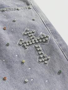 ROMWE MEN Street Life Quần short denim tua rua trang trí pha lê nhiều màu sắc cho nam mùa hè - Rửa nhẹ - Xem 4