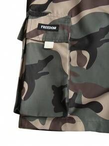 Manfinity Homme Men's Summer Casual  Youthful Street Fashion Camouflage Print Drawstring Waist Shorts, Featuring A Street Sports Style Inspired By INS. Designed With Three-Dimensional Cargo Pockets And Letter Woven Label Decorations For A High-Street Look. Suitable For Daily Wear, Outings, Sports, Leisure, School, Parties, Music Festivals, And Casual Occasions. An Excellent Gift For Boyfriends Or Husbands. Perfect For Streetwear. Men's Summer Casual Camouflage Shorts, Camouflage Shorts, Men's Street Shorts - Green - View 6