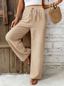SHEIN PETITE CURVE Plus Size Women Solid Color Straight Full Elastic Waist Drawstring Casual Pants