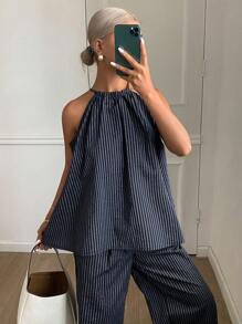 DAZY Women 2 Pieces Set: Sleeveless Striped Halter Tank Top And Wide Leg Floor Length Pants, Casual Summer Outfit - Navy Blue - View 4