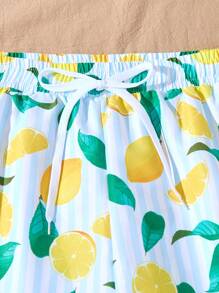 Men's Fresh Lemon Print Woven Fabric Casual Beach Shorts, Summer, Hawaiian