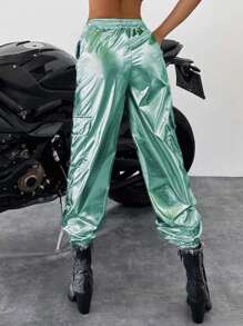 SHEIN Cottnline Women'S Solid Color Metallic Sheen Cargo Pants - Green - View 3