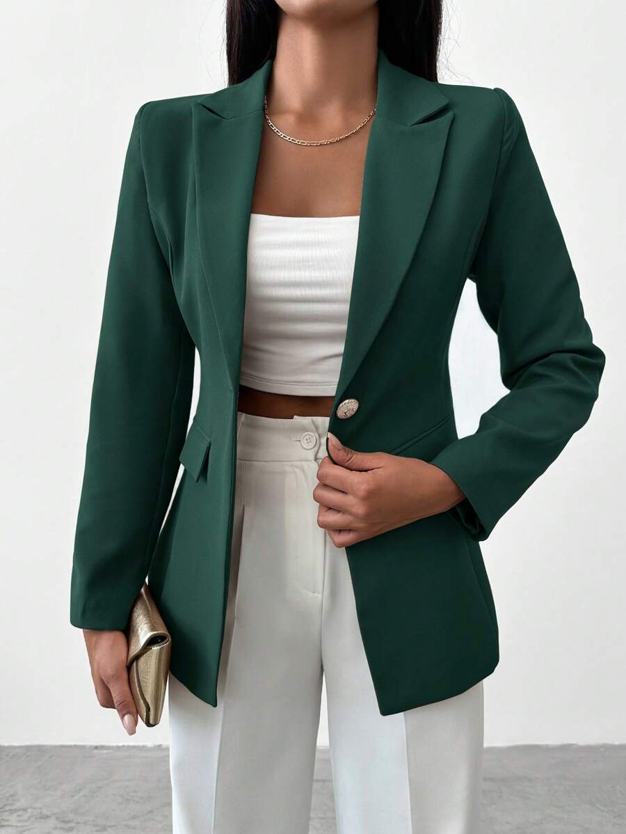 EURMUSE Blazer elegante de manga larga de un solo botonadura y unicolor para mujer - Verde Oscuro - Ver 1