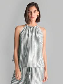 Ontre Women's Casual Green Striped Two-Piece Set Sleeveless Halter Top And Wide-Leg Pants Co-Ord - Multicolor - View 6