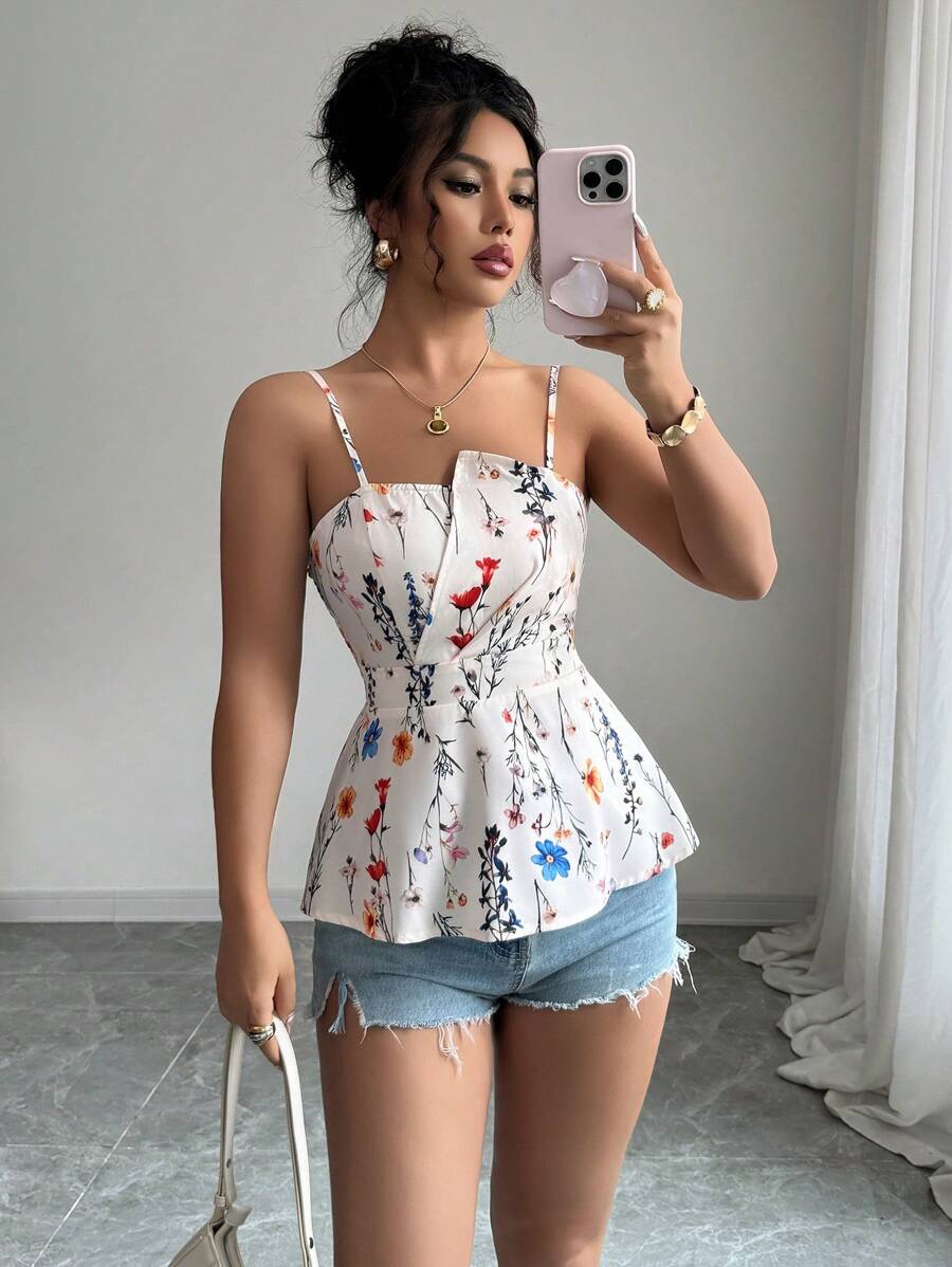 Selianne Áo ba lỗ không tay họa tiết hoa, viền bất đối xứng, bó sát, dáng crop top dành cho nữ, mùa xuân/hè - Nhiều màu - Xem 1