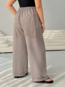 SHEIN EZwear 大码秋冬休闲松紧腰抽绳可调节千鸟格纹图案长裤 - 棕色 - 查看 2