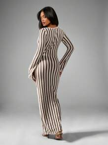 MISSGUIDED Vestido largo tipo pareo de playa con manga larga, diseño de crochet y abertura en el frente, estampado de rayas, de estilo bohemio para usar en resorts en verano - Marrón - Ver 2