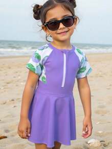 Costum de baie dintr-o bucată, cu mânecă scurtă și imprimeu botanic, cu fermoar pe jumătate, pentru fete - Multicolor - Vizualizare 1