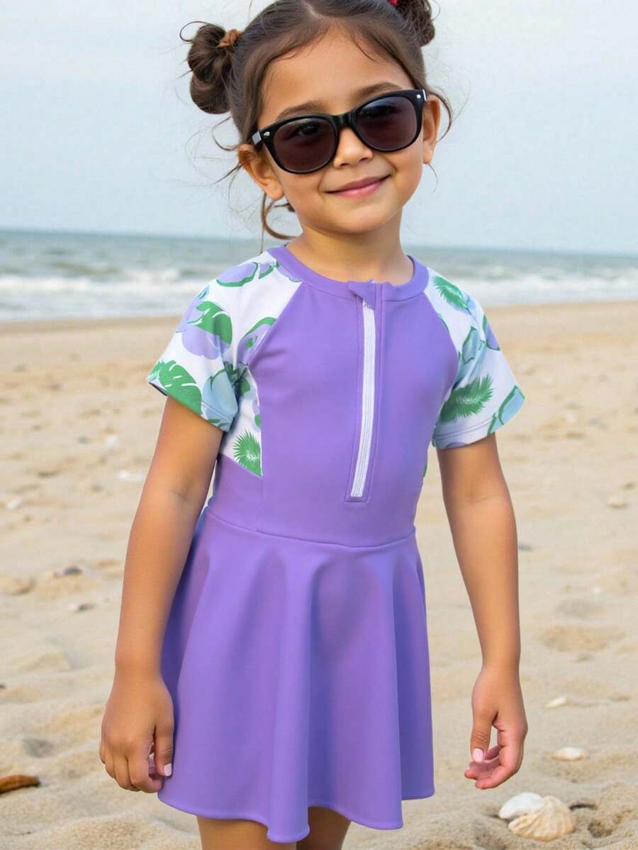 Costum de baie dintr-o bucată, cu mânecă scurtă și imprimeu botanic, cu fermoar pe jumătate, pentru fete - Multicolor - Vizualizare 1