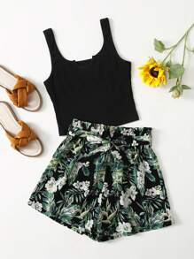 SHEIN Teen Girls Rib Knit Tank Top & Tropical Print Shorts Set,Summer Clothes Holiday Outfits - Multicolor - View 5