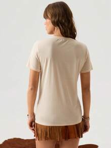 SHEIN LUNE Áo thun cổ tròn tay ngắn in họa tiết longhorn miền Tây rộng rãi thoải mái dành cho nữ, phù hợp cho mùa thu/đông - Màu be - Xem 5