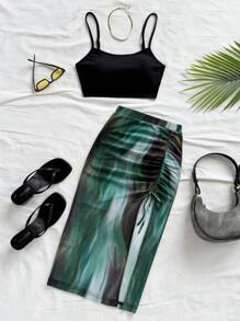 Soleia 全新针织日落印花扭纹细节金属装饰短款上衣和开衩下摆绿色半身裙 2 件套