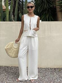 DAZY Bộ 2 chiếc/Bộ áo len không tay đính hạt sequin cho nữ và quần ống rộng bằng vải lanh - Màu be - Xem 4