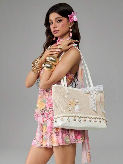 Fairycore 1 pieza Bolso de tela para mujer con decoración de conchas, conchas marinas, coral y perlas de temática vacacional, bolso de playa de gran capacidad con flores y paja para primavera/verano