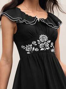 Modelyn 女士优雅花卉刺绣荷叶边下摆中长连衣裙 - 黑色 - 查看 6