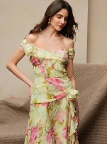 Anewsta Váy họa tiết hoa dự tiệc thanh lịch cho nữ mùa hè, váy hồng sang trọng cho lễ hội - Butter Yellow - Xem 5