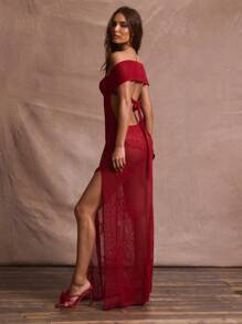 Musera Resort Đầm maxi dệt kim họa tiết hoa, kiểu trễ vai, thích hợp cho mùa hè ở Ibiza, đi nghỉ mát, gợi cảm, lãng mạn, thanh lịch, dự tiệc cưới, dạ hội, tốt nghiệp, sinh nhật, thời Phục Hưng, Sagrada Rose, đầm dài mùa xuân. - Đỏ - Xem 4