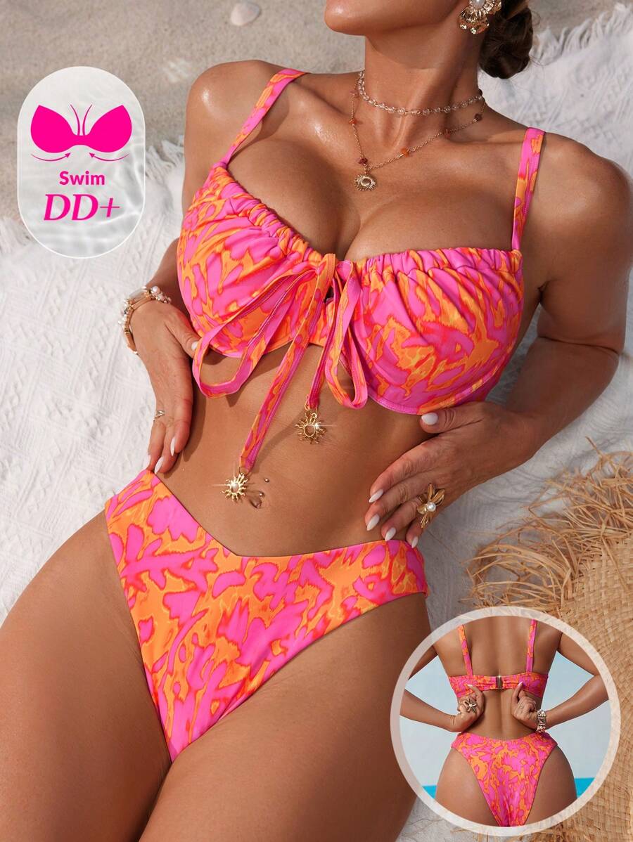 Swim DD+ Set Bikini Wanita Motif Cetak Seluruh Permukaan DD+ Push Up untuk Liburan Pantai Musim Panas - MultiWarna - View 1