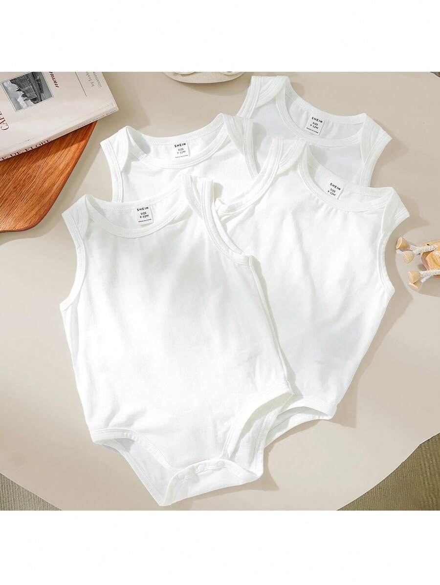 Loomiva Baby Boy 4pcs Casual Knitted Solid Tank Bodysuit Set , Suitable For Summer