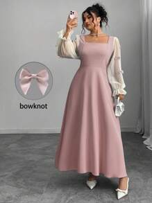 Modelyn Plus Size Color Block Mesh Panel Crew Neck Bow Knot Elegant Long Sleeve Dress Fall Cloth For Women - Pink - View 1
