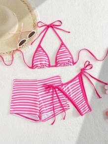SHEIN Swim 夏季假期性感时尚纹理彩虹条纹印花饰边渐变色三件套粉色比基尼套装，泳衣，3 件套泳衣 - 彩色 - 查看 5