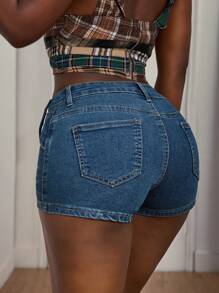 Slaydiva Short en jean casual à ajustement serré avec boucle réglable pour femmes - Jean bleu - Voir 3
