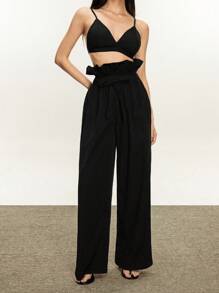 Rina Fox Women's Extra Wide Leg Paper Bag Pants With Fold-Over Waistband Fall Cloth For Women - Black - View 1