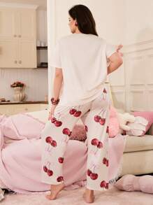 SweetSlumber Conjunto de ropa de dormir de talla grande con estampado de lazo de cereza y cuello redondo cómodo