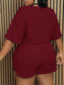 Slaydiva Slayr Plus Size Plain Drawstring Slit Two Pieces Outfits, Casual Summer Set - Burgundy - View 2