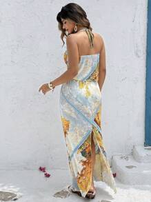 SHEIN Clasi Plus Size Women Vacation Floral Print Halter Top And Skirt Suit - Multicolor - View 2