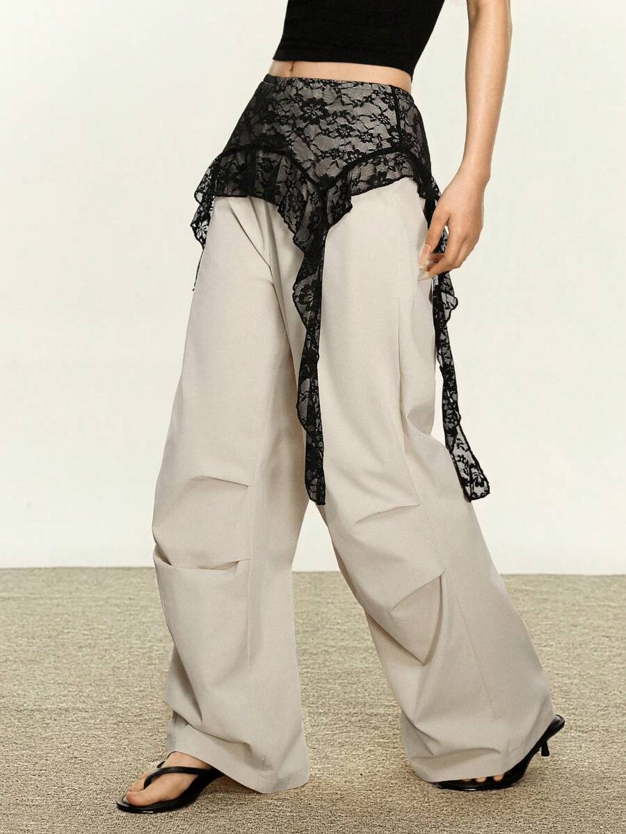 Rina Fox 女士蕾丝撞色褶皱阔腿宽松休闲裤 - 杏色 - 查看 1