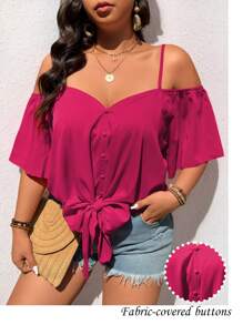 SHEIN LUNE Plus Size Fashion Casual Retro V-Neck Off-Shoulder Tie-Up Blouse - Pink - View 4